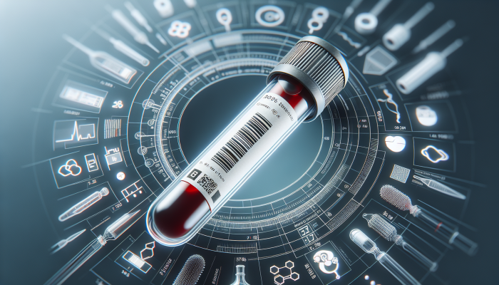 A close-up of a precisely labelled blood sample tube with clear text and barcode, symbolising patient safety in healthcare.