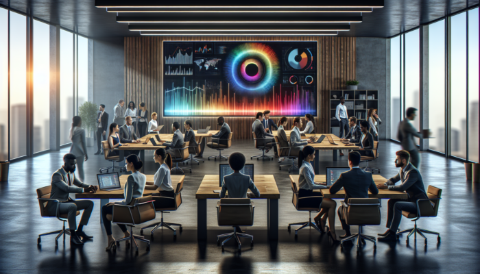 A modern office with a digital screen showcasing Google Business Analytics dashboards, team strategising data optimisation.
