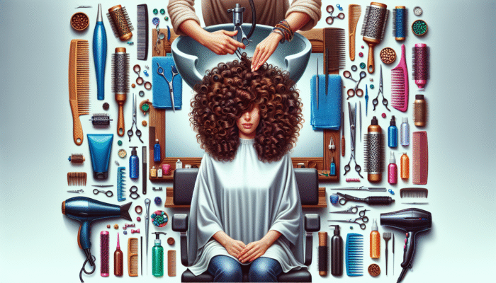 A curly-haired client receiving a customised haircut and styling in a vibrant salon equipped with specialised tools.