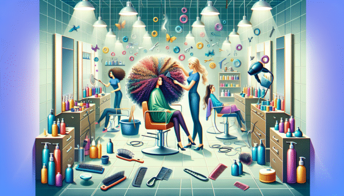 A salon scene featuring clients receiving deep conditioning and keratin treatments for curly hair, showcasing revitalised, glossy curls.