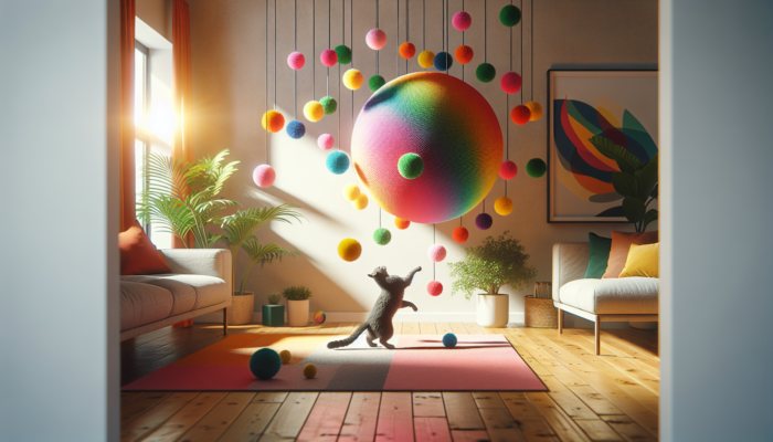 A vibrant cat playing with a colourful catnip wall ball in a cozy living room.