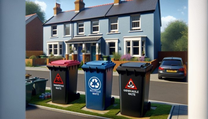 UK house clearance with bins labelled for hazardous, recyclable, and general waste in a suburban setting.