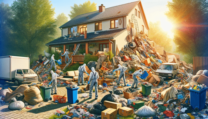 Professionals in uniforms clearing general waste from a cluttered suburban home using labelled bins in daylight.