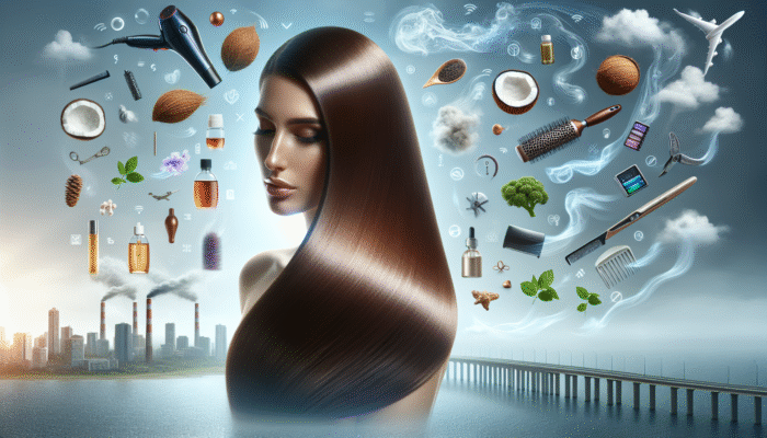 Woman showcasing her radiant and repaired hair thanks to coconut and argan oil, shielded from environmental stressors and styling tools.