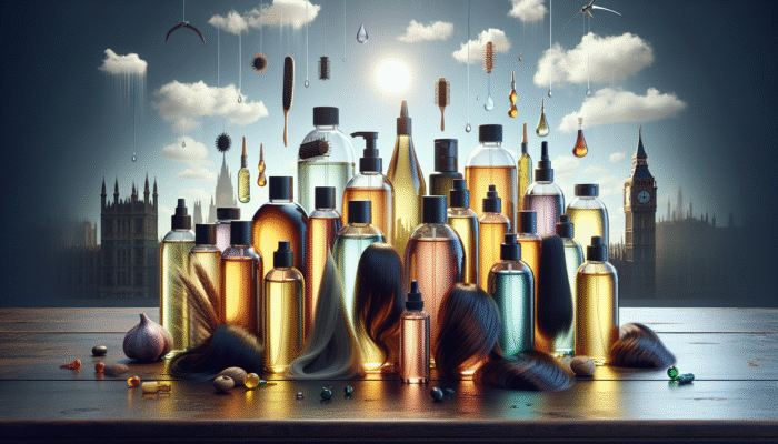 An array of hair oils displayed on a wooden table, each labelled with benefits, catering to various hair types, set against a backdrop reflecting UK weather.