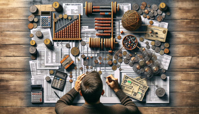 A person compiling a detailed list of debts on a cluttered desk with financial documents and a calculator.