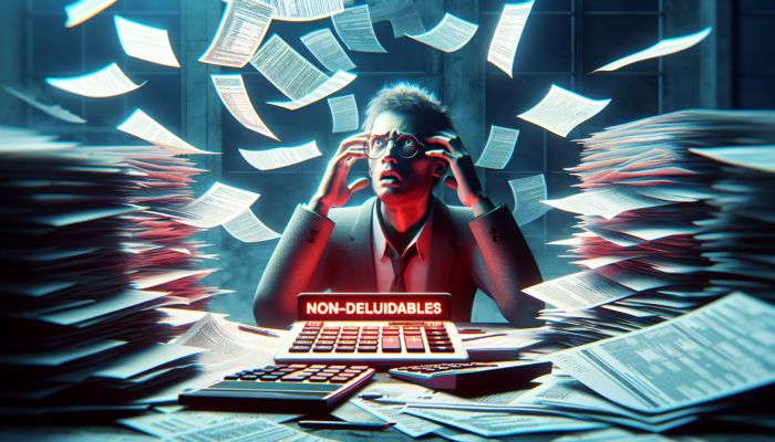 Are Debt Consolidation Fees Tax-Deductible: A Guide | DCL A person appearing confused amidst scattered documents and calculators, with a tax form highlighting non-deductible fees in red.