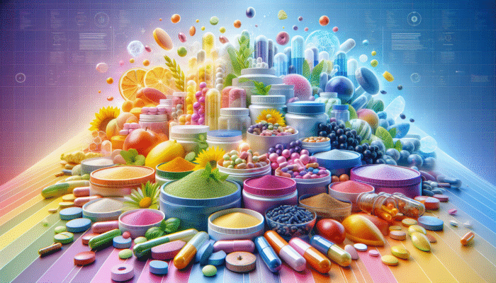 A vibrant assortment of dietary supplements in capsules, tablets, and powders displayed on a lively background.
