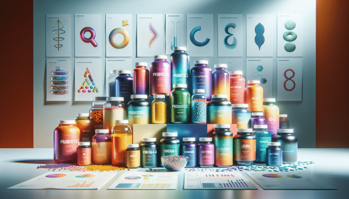 Array of specialty supplement bottles featuring probiotics, omega-3, and protein powders against a health-focused backdrop.