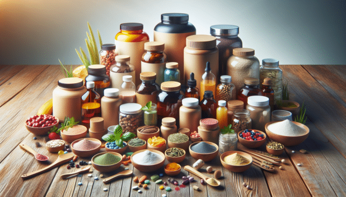 A selection of supplement bottles and natural ingredients for recovery on a wooden table.
