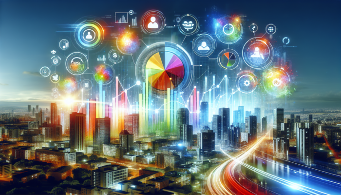 A vibrant Bing business profile displaying graphs illustrating heightened traffic and customer trust, set against a lively urban backdrop.