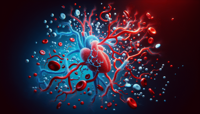 Illustration of nitric oxide molecules enhancing cardiovascular health in blood vessels, depicted in red and blue.