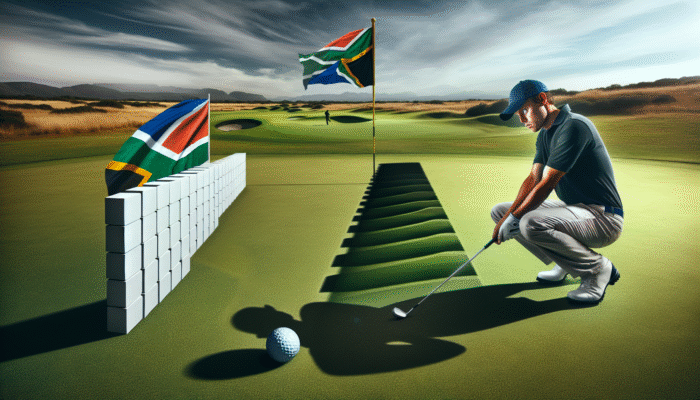 A South African golfer confronting mental blocks, symbolised by an invisible barrier and looming shadows of doubt and fear on the green.