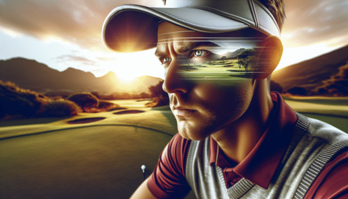 A South African golfer at sunrise, visualising the course and utilising deep breathing to transform anxiety into confidence.