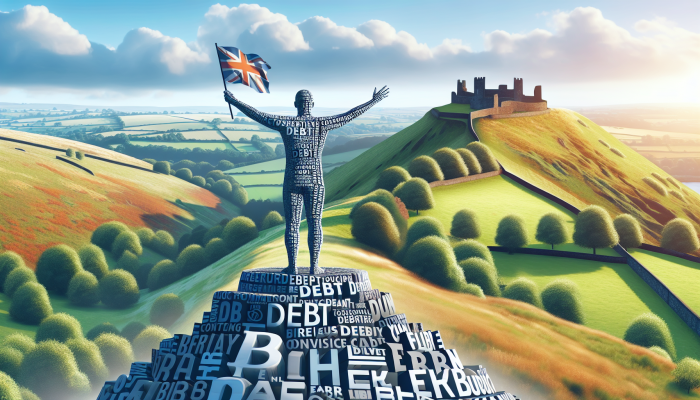 Individual celebrating debt consolidation on a scenic UK hill surrounded by historical ruins and lush nature.