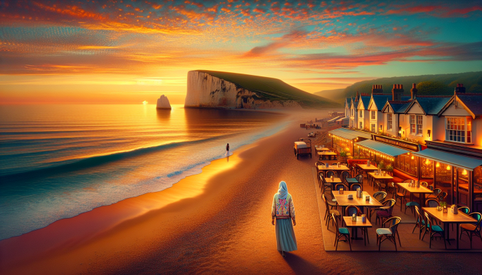 A serene UK coastal sunset scene with a person walking, cafés, and distant cliffs, celebrating relaxation.