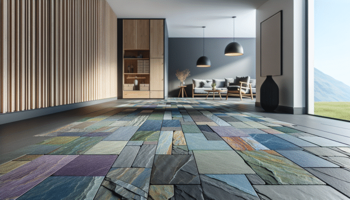 Slate Floor Care: Welsh slate flooring in a contemporary UK residence, showcasing a spectrum of deep blues, purples, greens, and greys.