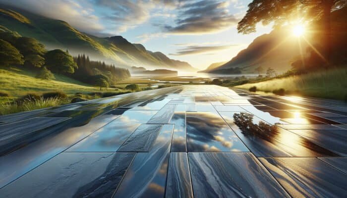 A picturesque Inverclyde landscape showcasing a luxurious, waterproofed stone floor reflecting the vibrant surroundings, exemplifying durability and protection.
