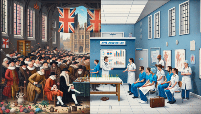 Acupuncture for Fibromyalgia Treatment: A 17th-century British scene of skeptical onlookers at an acupuncture session, transitioning to a modern NHS clinic in London treating chronic pain with acupuncture.
