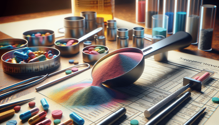 A close-up view of a precise supplement scoop filled with vibrant powder, surrounded by measuring tools, highlighting the necessity for accuracy in supplementation.