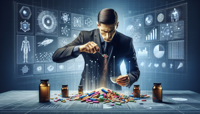 A person accurately measuring supplements with a precise scoop, surrounded by health goal charts and progress trackers.