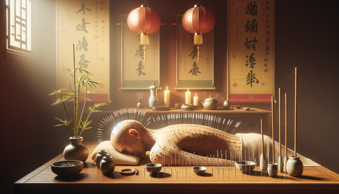 A serene acupuncture session with needles on a patient, surrounded by calming Chinese elements, symbolizing mental health improvement.