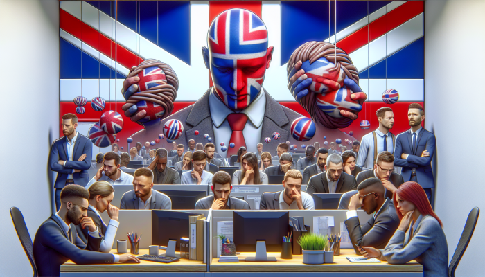 Diverse UK office workers exhibiting signs of stress and anxiety in a modern workplace with mental health support indicators.