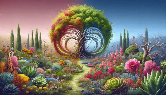 A vibrant garden featuring resilient plants like succulents and perennials flourishing post-disaster.