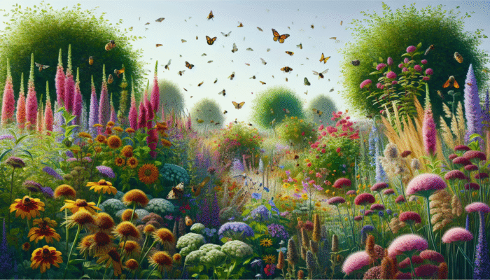 A vibrant garden adorned with native wildflowers and shrubs, attracting pollinators and providing shelter for wildlife.