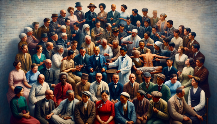 Early 20th-century British individuals engaging with an acupuncturist, highlighting a blend of curiosity and doubt towards the ancient Chinese practice.