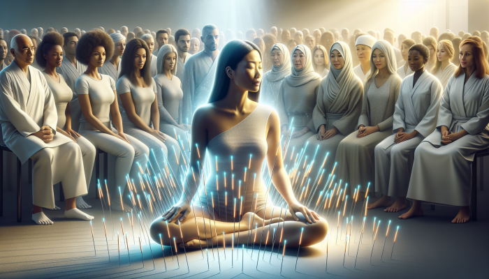 A calm Asian woman receiving acupuncture, surrounded by illuminating needles, observed by a diverse audience.