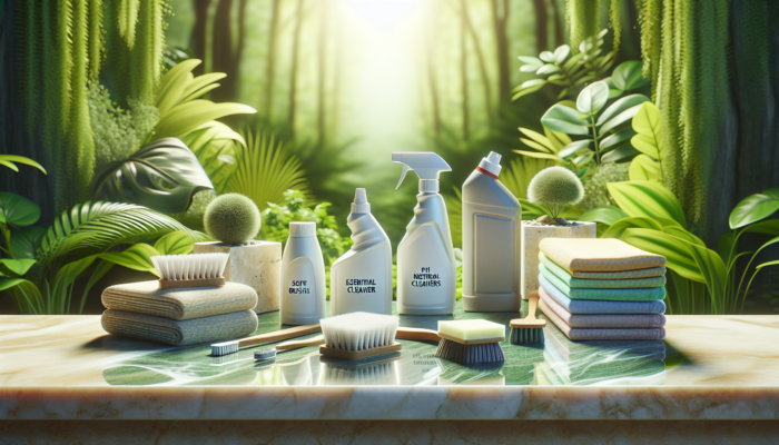 Essential travertine cleaning products displayed on a sparkling surface with lush greenery in the background.