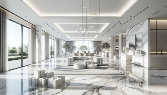 Statuario marble flooring in a luxurious Midlothian residence, featuring white with grey veins, enhancing the bright, sophisticated ambience.