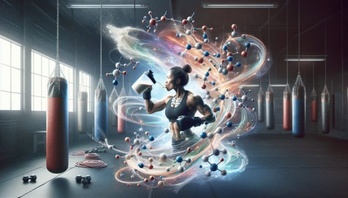 MMA fighter consuming whey protein, amino acids swirling, intense training environment.