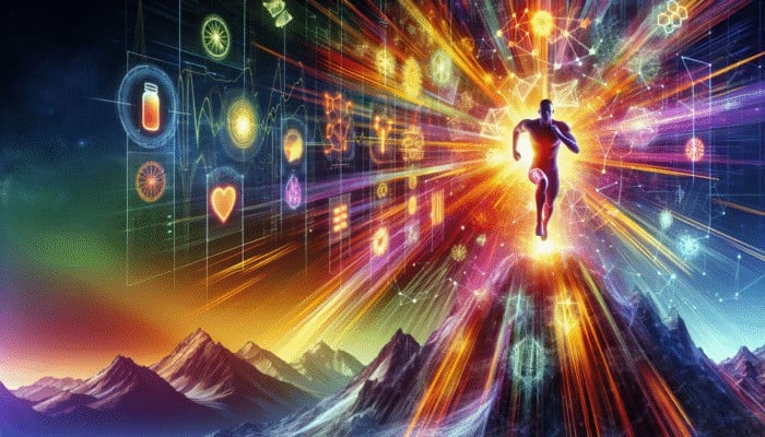 A person sprinting up a mountain, surrounded by glowing energy supplements, on a vibrant background.