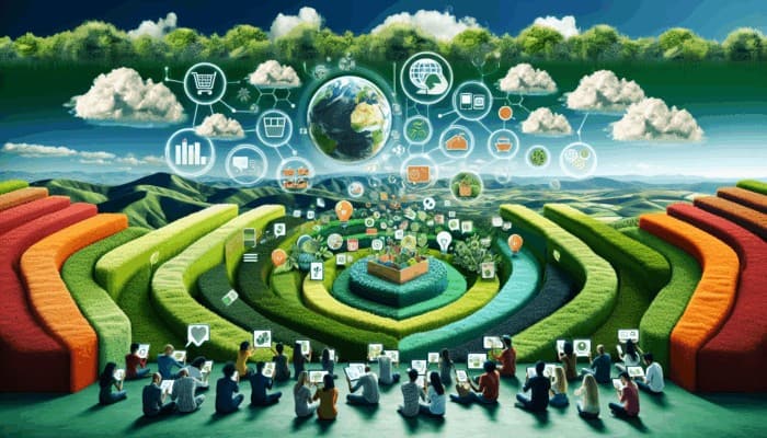 Infographic illustrating sustainable living trends, zero-waste tips, and eco-friendly product reviews, with diverse consumers using digital devices.