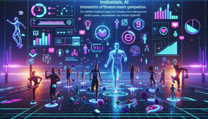 An advanced fitness video interface featuring points, badges, leaderboards, animated avatars, and AI chatbots within a vibrant digital ecosystem.