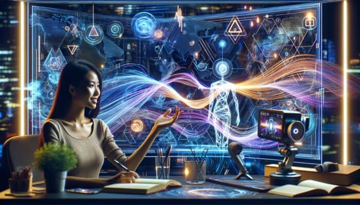 An AI chatbot on screen generating scripts for a travel vlogger in a futuristic studio equipped with maps and tools.