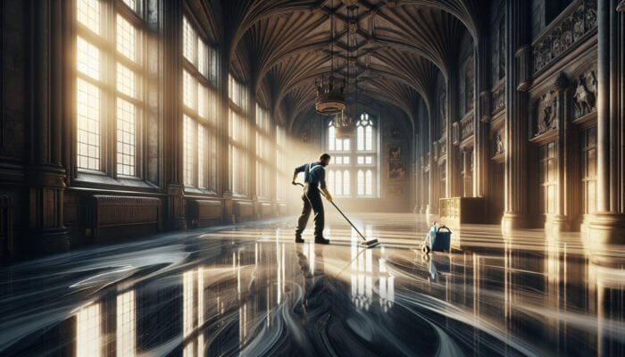A person diligently cleaning glossy marble floors in a Scottish Borders castle, ensuring no streaks, with sunlight streaming through the windows.