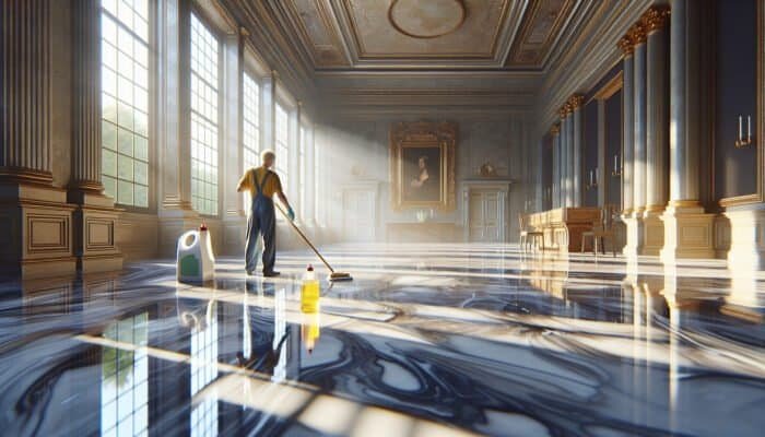 A person meticulously cleaning glossy marble floors in a historic Scottish Borders home, ensuring no streaks with sunlight streaming through windows.