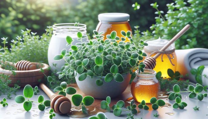 Fresh thyme leaves with dew, honey, and yogurt jars in a lush UK garden, symbolizing youthful skincare.