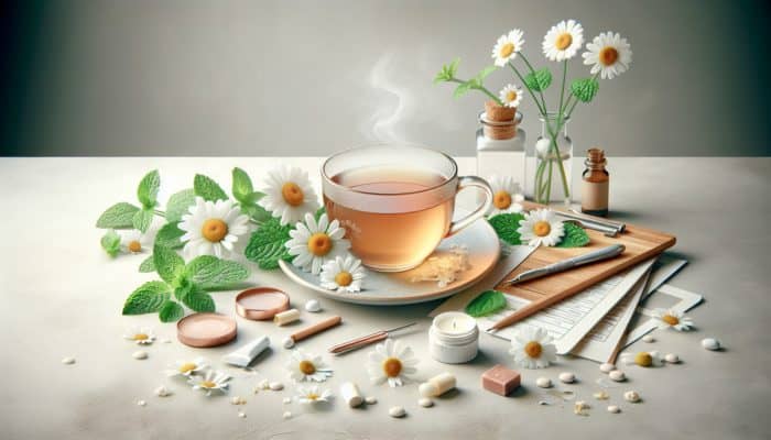 A steaming cup of chamomile tea with fresh chamomile and peppermint, promoting skin health and relaxation.