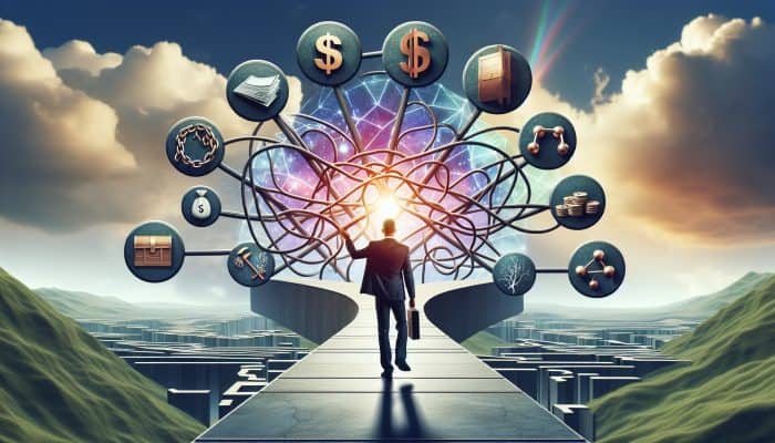 Key Terms and Concepts in Debt Consolidation: A Beginner's Guide | DCL A person confidently navigating a clear path through a complex financial landscape with labeled signposts under a bright sky.