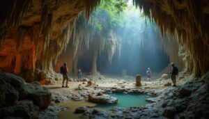 Four individuals with backpacks stand inside the majestic ATM Cave Belize, surrounded by stalactites, rocky formations, and a small pool of water. Sunlight shines through an opening above, illuminating the centre like a true Adventure Guide’s dream.