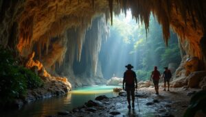 Three individuals with backpacks and hats walk through the majestic ATM Cave Belize, beside a shallow stream. Sunlight streams in from the entrance, illuminating rocky walls and lush green surroundings—an adventure guide leads them past ancient stalactites.