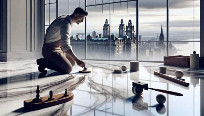 A craftsman in Dundee honing marble floors to a glossy finish, with the skyline visible.