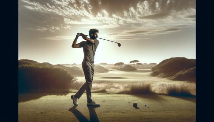 Golfer swinging on South African course at mid-morning with optimal lighting and a clear background.