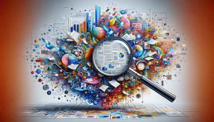 A vibrant collage with a magnifying glass over documents and colourful case studies, symbolising E-E-A-T in quality content.