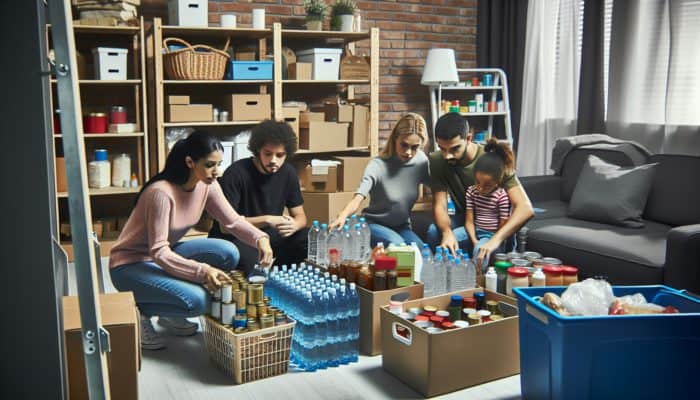 A family organising essential supplies like food, water, and medicine for emergencies in a home storage area.