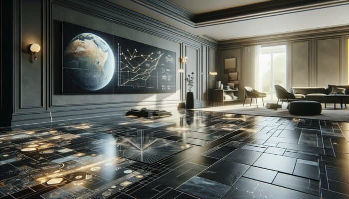 Polished slate flooring installation in a modern living room, showcasing the reflective surface and tile laying process.